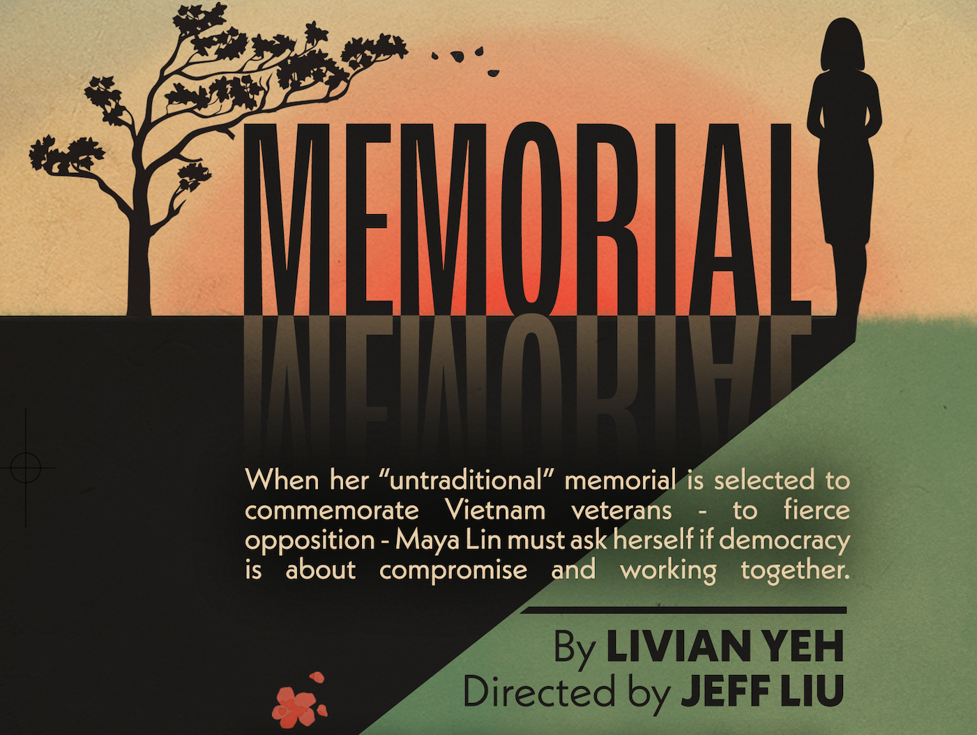 Memorial graphic features silhouette of tree, person with chin length hair wearing a dress, and the word "Memorial" in caps infant to a sun rising or setting with the Memorial word reflecting in the black below.